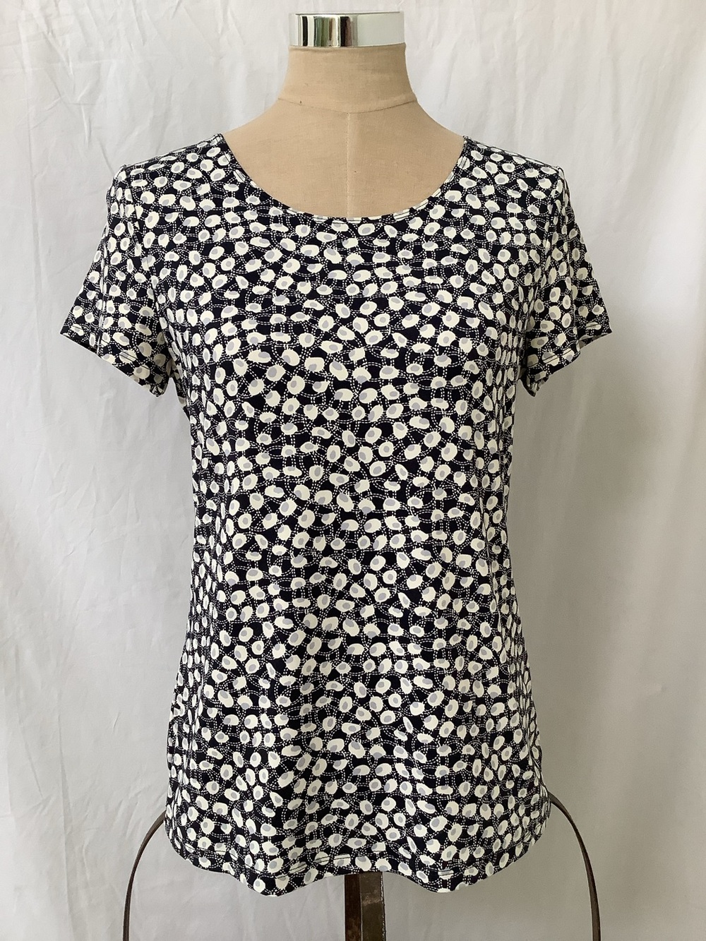 212 Collection Stretch Shirt Top-Dark Blue Cream Gray Geometric-Short Sleeve-S